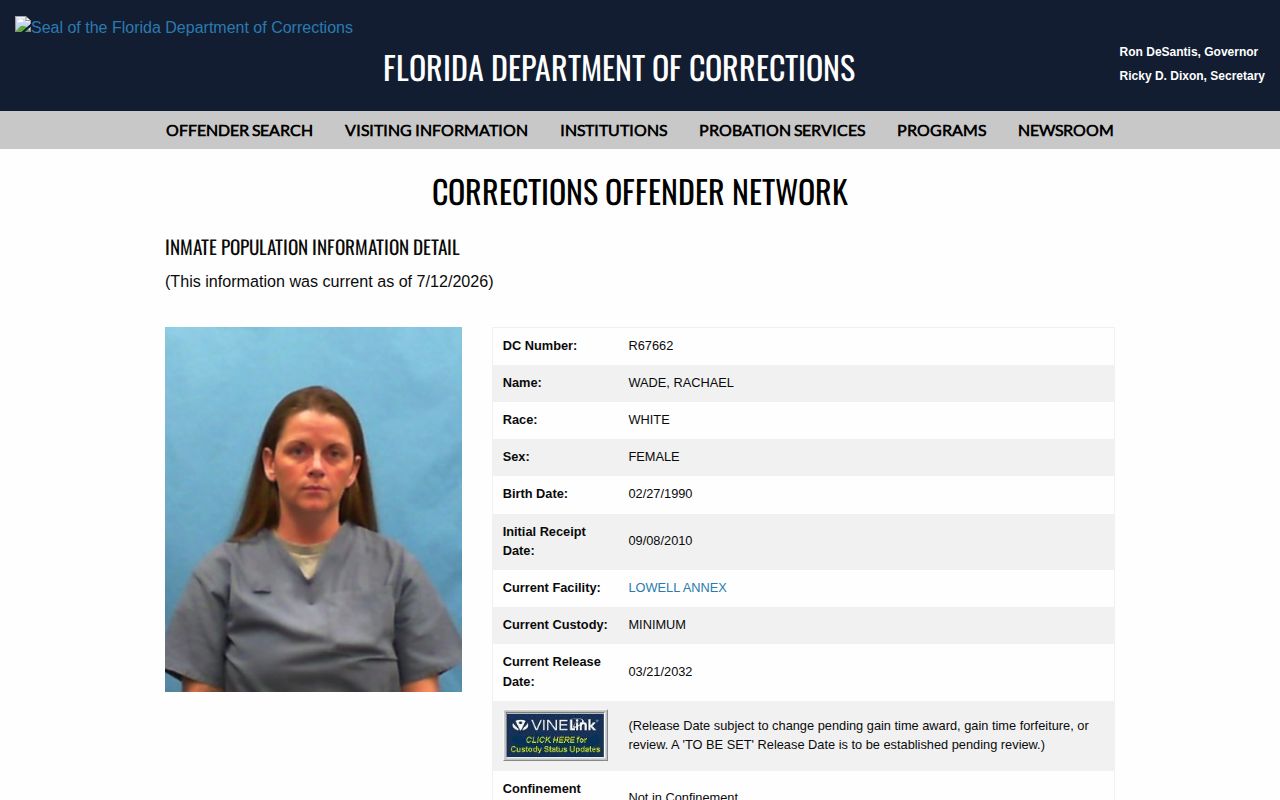 Hamilton County projected release date field in an FDC current inmate record